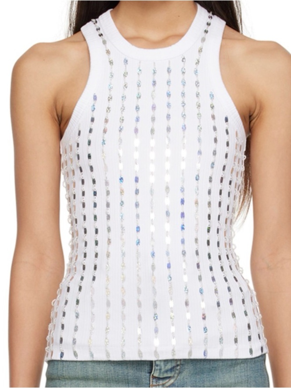 Ganni White Ribbed beaded and sequence tank